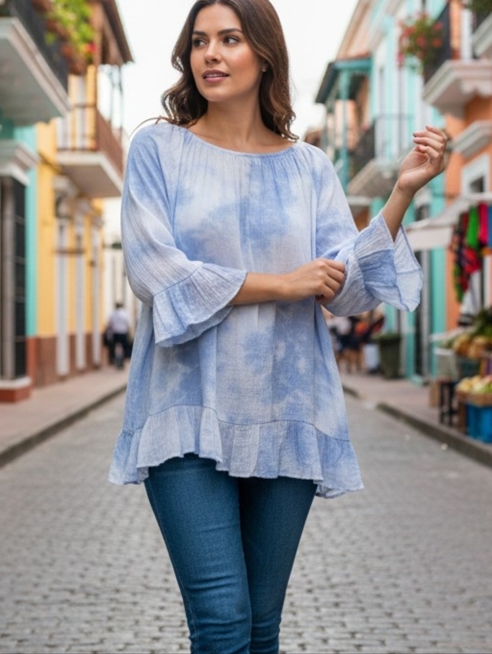 Women's HANNAH Blue White Tie-Dye Boho Tunic Top 1X
